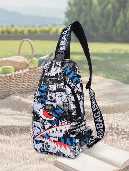 2pcs Shark Backpack + Chest Bag Set, Large Capacity Oversized Backpack, Personalized Full-Screen Print School Bag, Suitable For School, Travel, Vacation, Oxford Fabric Material, Back To School College