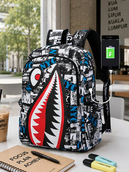 2pcs Shark Backpack + Chest Bag Set, Large Capacity Oversized Backpack, Personalized Full-Screen Print School Bag, Suitable For School, Travel, Vacation, Oxford Fabric Material, Back To School College
