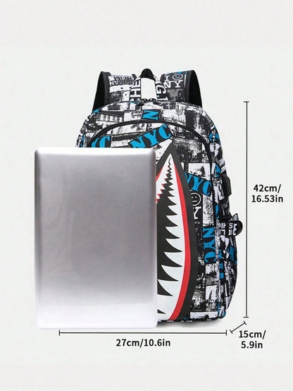 2pcs Shark Backpack + Chest Bag Set, Large Capacity Oversized Backpack, Personalized Full-Screen Print School Bag, Suitable For School, Travel, Vacation, Oxford Fabric Material, Back To School College