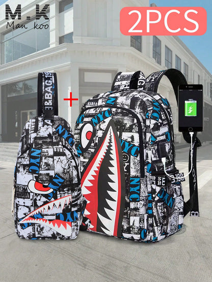 2pcs Shark Backpack + Chest Bag Set, Large Capacity Oversized Backpack, Personalized Full-Screen Print School Bag, Suitable For School, Travel, Vacation, Oxford Fabric Material, Back To School College