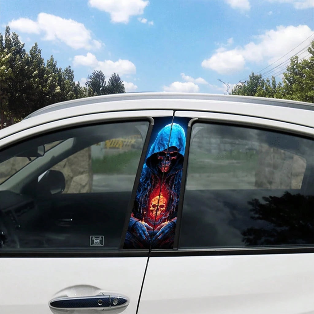 2pcs Skull And Flame Car Stickers, Waterproof Durable Scratch-Resistant, Glossy Material, Easy To Apply On Car B-Pillar And Doors, With Bubble Wrap Protection To Prevent Shipping Damage