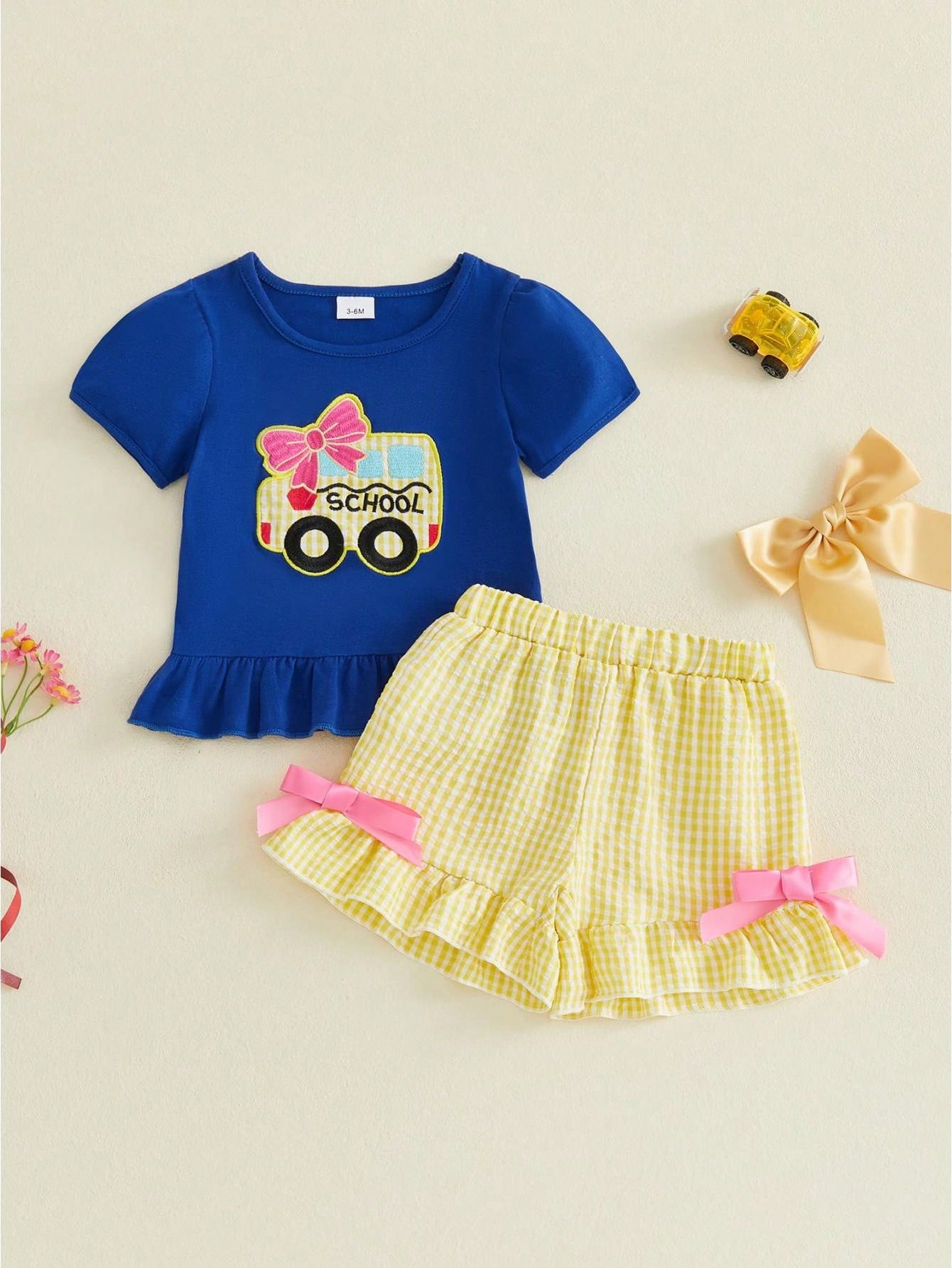 2pcs Toddler Baby Back To School Outfits Girls Shorts Set Short Sleeve Embroidery Tops + Shorts 18M 24M 3T 4T 5T 6T Kids Casual Clothes