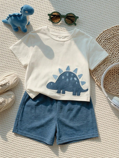 2pcs Toddler Unisex Baby Boy/Girl Casual Cute Dinosaur Embroidered Short Sleeve T-Shirt And Shorts Set, Baby Boy Outfit Sets, Baby Boy Summer Clothes
