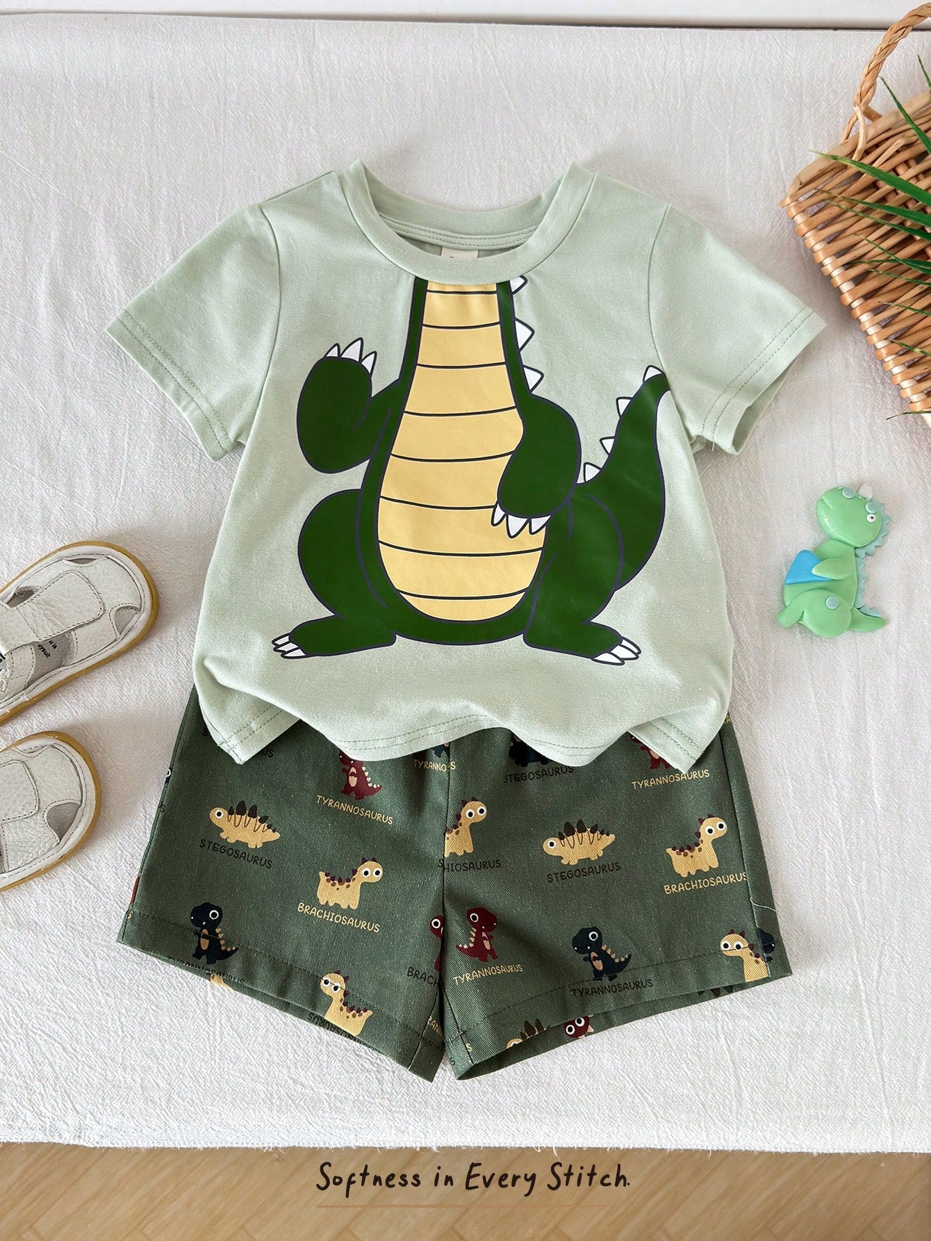 2pcs Toddler Unisex Baby Boy/Girl Casual Cute Dinosaur Embroidered Short Sleeve T-Shirt And Shorts Set, Baby Boy Outfit Sets, Baby Boy Summer Clothes