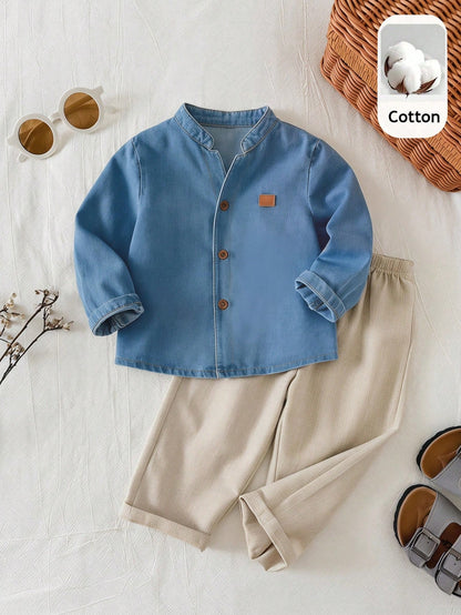 2pcs Unisex Baby Boy/Girl Baby Boy Autumn/Winter Casual Preppy Shirt Set, Baby Boy Outfit Sets