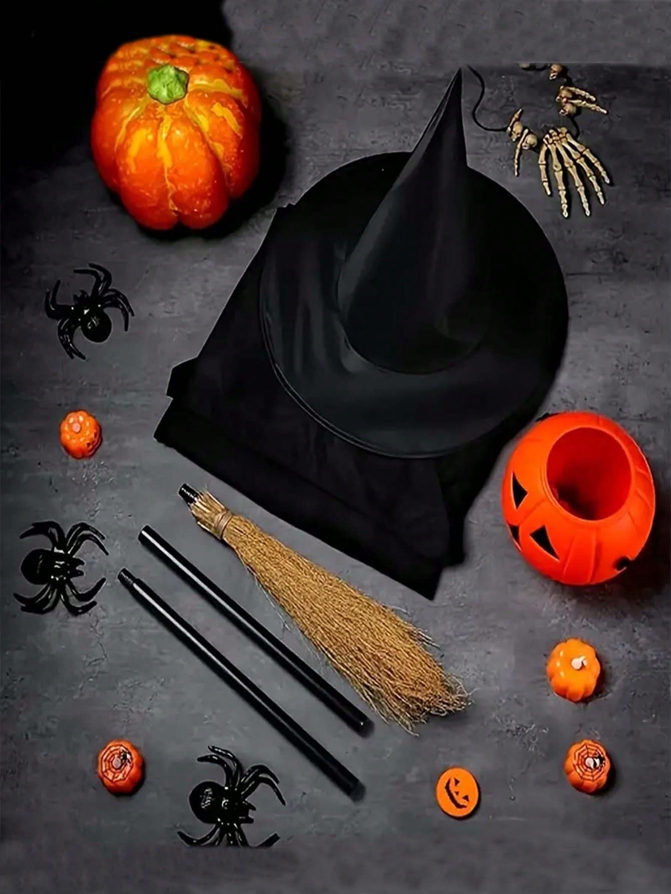 2pcsHalloween Witch Cape And Hat Set, Black Cape With Pointy Hat, Single Layer, Suitable For Halloween Themed Parties And Events