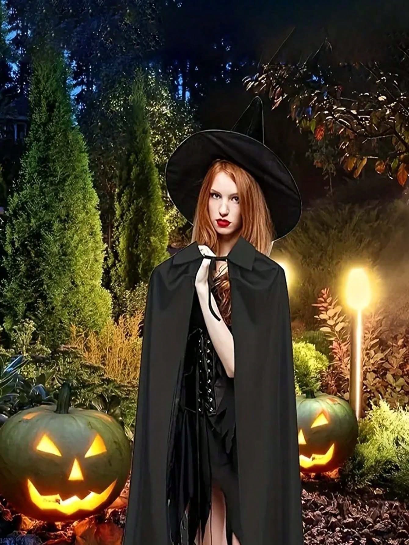 2pcsHalloween Witch Cape And Hat Set, Black Cape With Pointy Hat, Single Layer, Suitable For Halloween Themed Parties And Events