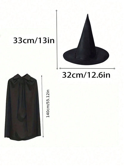 2pcsHalloween Witch Cape And Hat Set, Black Cape With Pointy Hat, Single Layer, Suitable For Halloween Themed Parties And Events