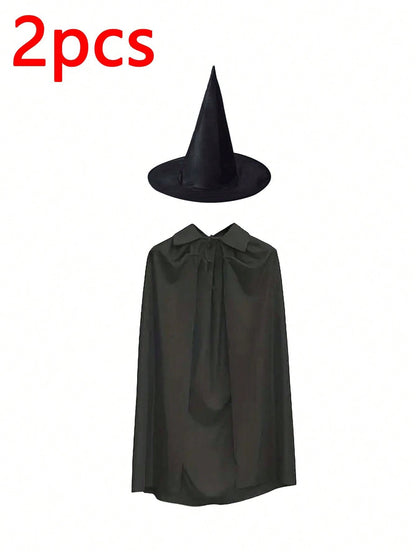 2pcsHalloween Witch Cape And Hat Set, Black Cape With Pointy Hat, Single Layer, Suitable For Halloween Themed Parties And Events