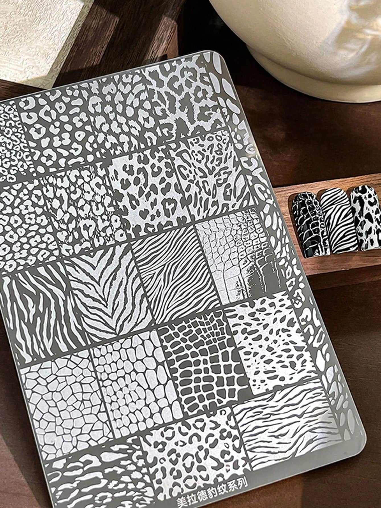 3/1pc Leopard Print Mixed Pattern Steel Plate With Backplate & Square Nail Art Stamper, French Cartoon Cat Plaid Transfer Nail Art Tool