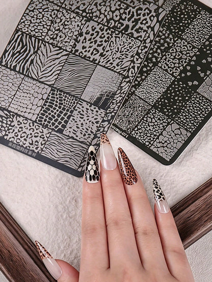 3/1pc Leopard Print Mixed Pattern Steel Plate With Backplate & Square Nail Art Stamper, French Cartoon Cat Plaid Transfer Nail Art Tool