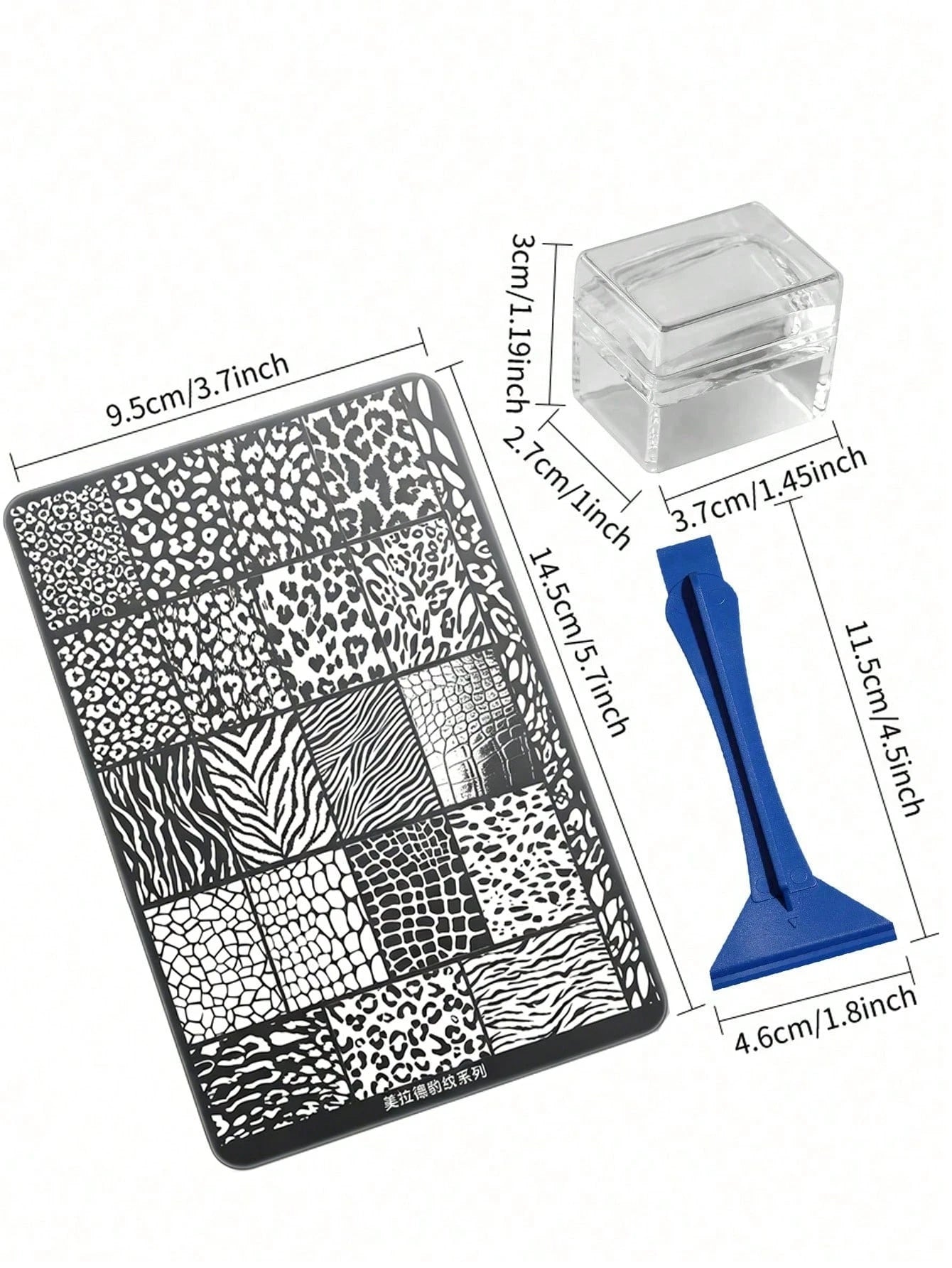 3/1pc Leopard Print Mixed Pattern Steel Plate With Backplate & Square Nail Art Stamper, French Cartoon Cat Plaid Transfer Nail Art Tool