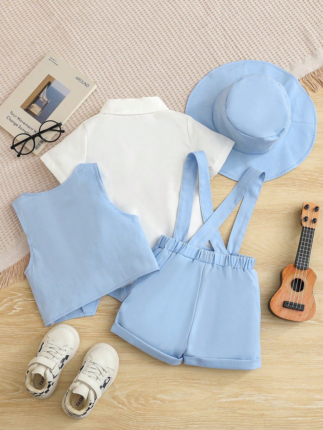 3-24M Baby Boy Gentleman Outfit, Aqua Blue Summer Elegant Old Money Classy Wedding Suit, White Short Sleeve Shirt Bow Tie, V-Neck Vest, Shorts Hat