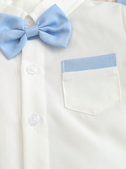 3-24M Baby Boy Gentleman Outfit, Aqua Blue Summer Elegant Old Money Classy Wedding Suit, White Short Sleeve Shirt Bow Tie, V-Neck Vest, Shorts Hat