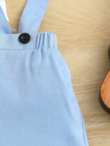 3-24M Baby Boy Gentleman Outfit, Aqua Blue Summer Elegant Old Money Classy Wedding Suit, White Short Sleeve Shirt Bow Tie, V-Neck Vest, Shorts Hat