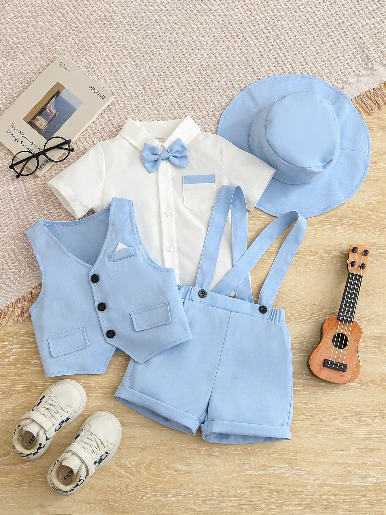 3-24M Baby Boy Gentleman Outfit, Aqua Blue Summer Elegant Old Money Classy Wedding Suit, White Short Sleeve Shirt Bow Tie, V-Neck Vest, Shorts Hat