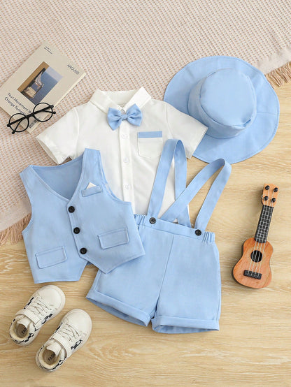 3-24M Baby Boy Gentleman Outfit, Aqua Blue Summer Elegant Old Money Classy Wedding Suit, White Short Sleeve Shirt Bow Tie, V-Neck Vest, Shorts Hat