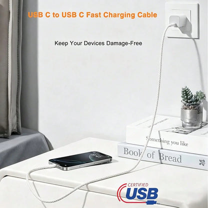 3.3/6.6/10ft Nylon Braided USB-C To Type-C Fast Charging Data Cable, Compatible With IPhone 17/16/15/Pro/Pro Max/IPad, And Other Android Phones, Supports 60W~18W Fast Charging, Suitable For Indoor/Out