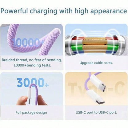 3.3/6.6/10ft Nylon Braided USB-C To Type-C Fast Charging Data Cable, Compatible With IPhone 17/16/15/Pro/Pro Max/IPad, And Other Android Phones, Supports 60W~18W Fast Charging, Suitable For Indoor/Out