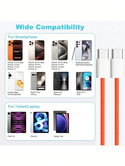 3.3/6.6/10ft Nylon Braided USB-C To Type-C Fast Charging Data Cable, Compatible With IPhone 17/16/15/Pro/Pro Max/IPad, And Other Android Phones, Supports 60W~18W Fast Charging, Suitable For Indoor/Out