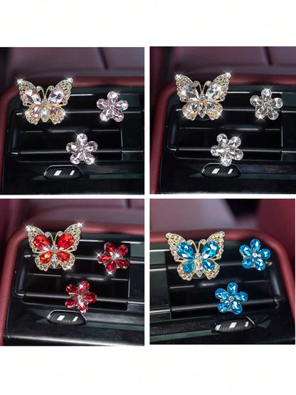 3/4pcs Crystal Butterfly Flower Car Air Vent Decor, Luxury Sparkling Car Interior Decoration For Women