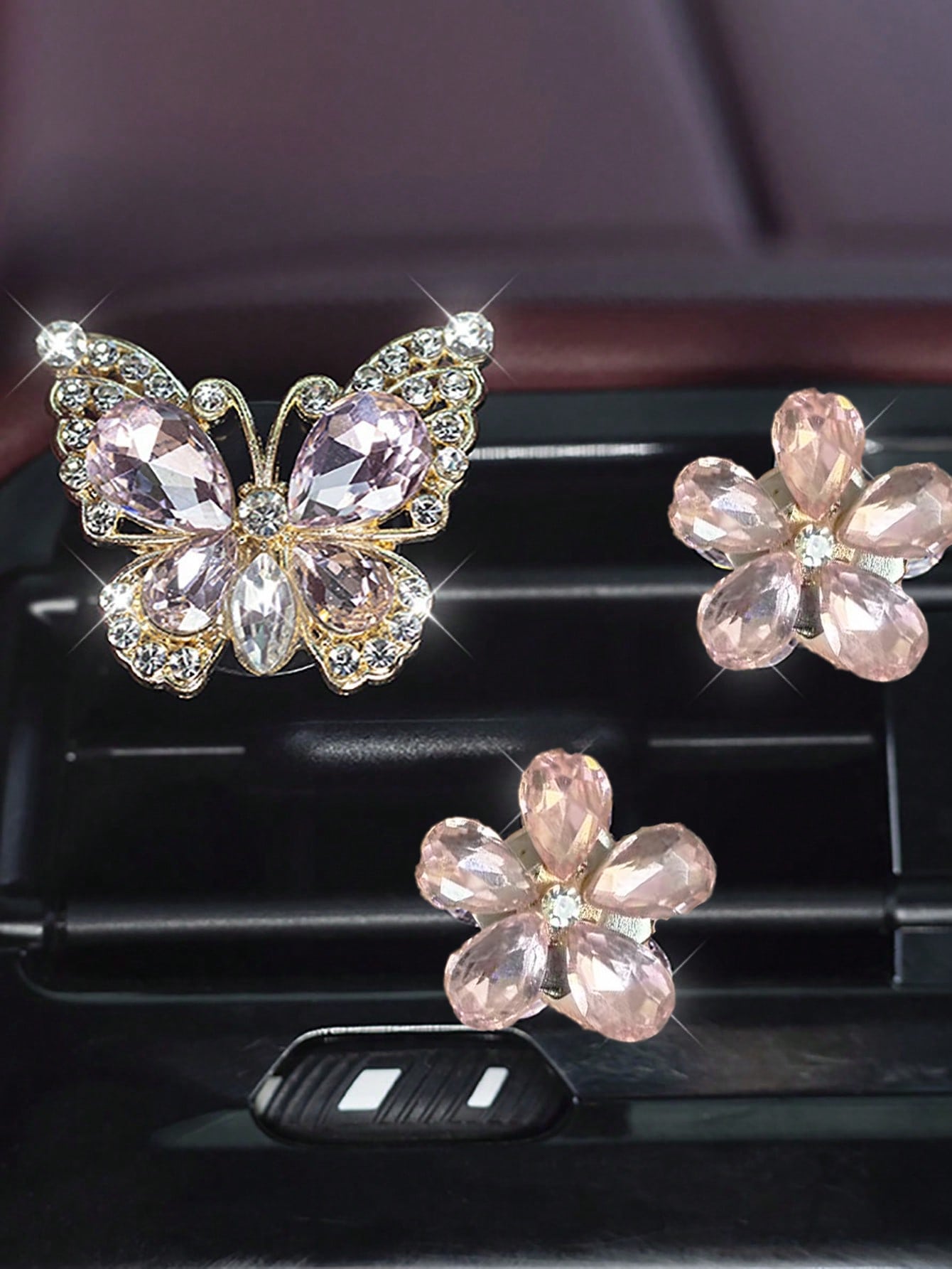 3/4pcs Crystal Butterfly Flower Car Air Vent Decor, Luxury Sparkling Car Interior Decoration For Women
