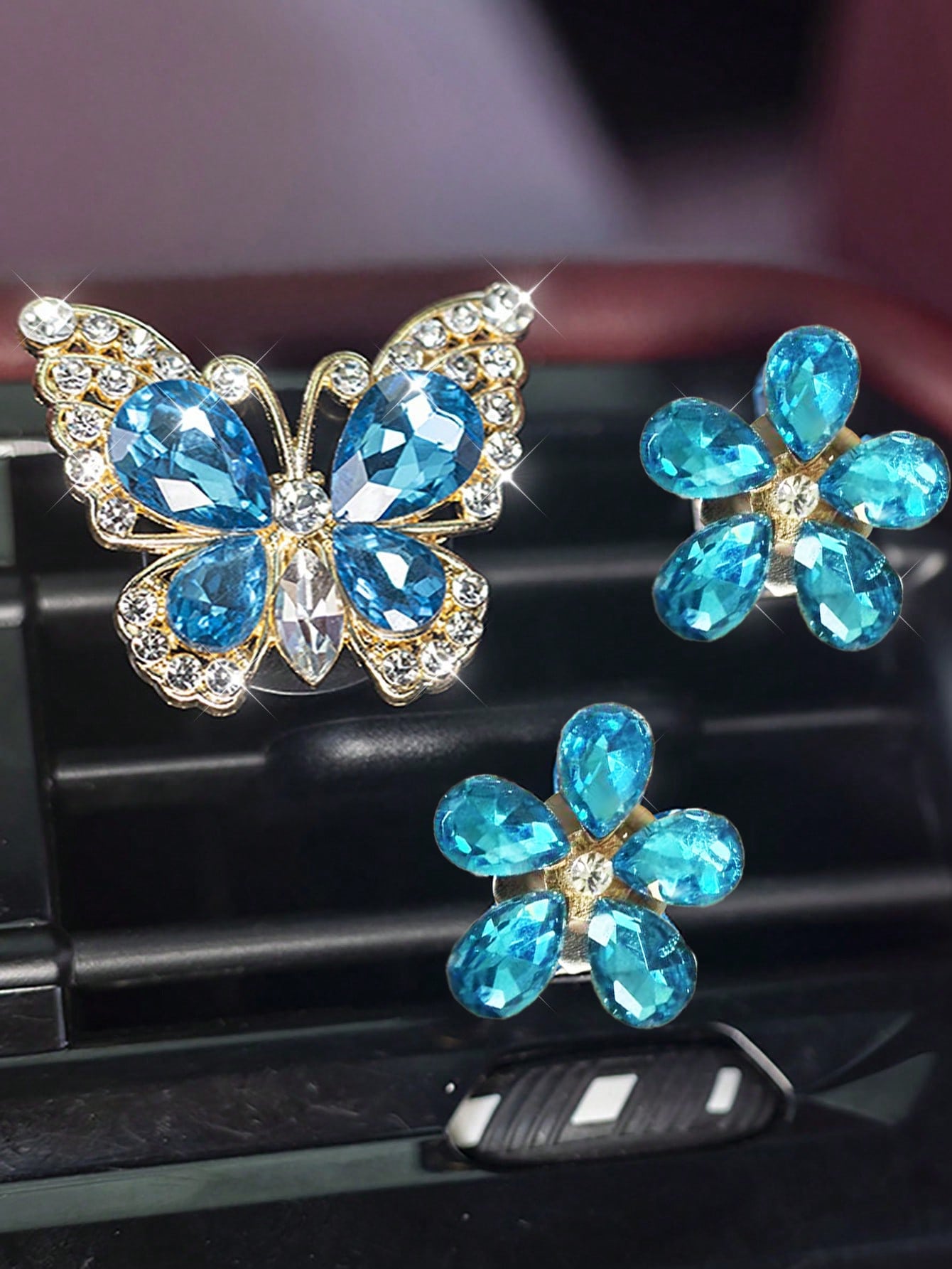 3/4pcs Crystal Butterfly Flower Car Air Vent Decor, Luxury Sparkling Car Interior Decoration For Women