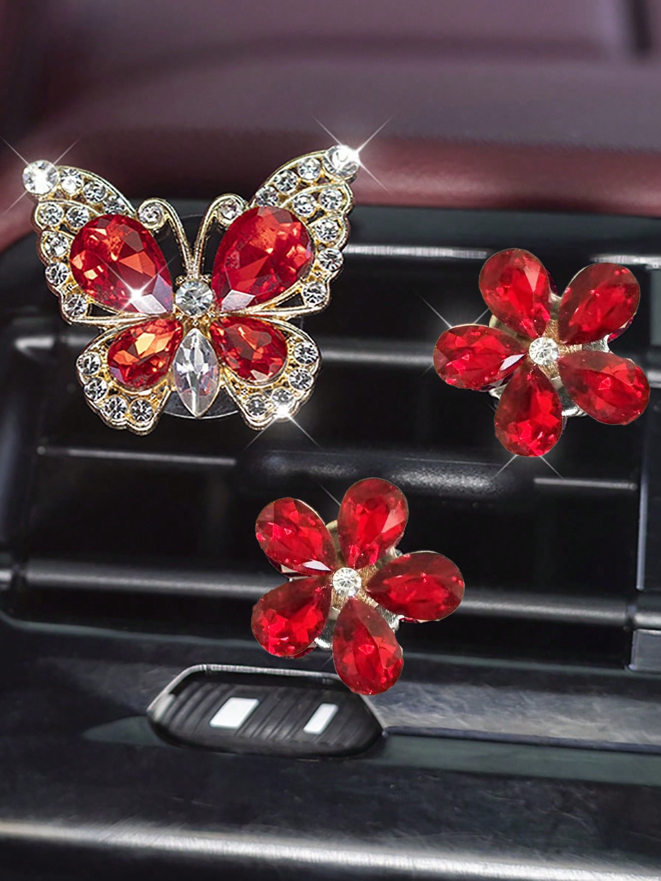 3/4pcs Crystal Butterfly Flower Car Air Vent Decor, Luxury Sparkling Car Interior Decoration For Women