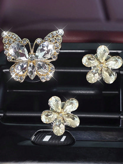 3/4pcs Crystal Butterfly Flower Car Air Vent Decor, Luxury Sparkling Car Interior Decoration For Women
