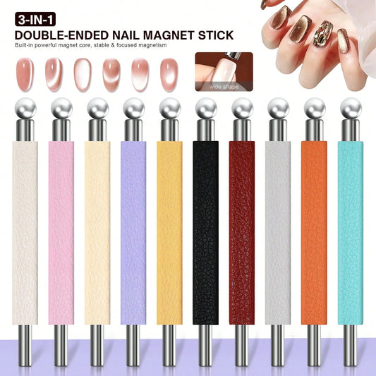 3‑In‑1 Cat Eye Magnet Wand Leather Grip Nail Art Magnetic Stick Multi‑Function Wide Cat‑Eye French Line Magnet Tool For UV Gel Nail Polish