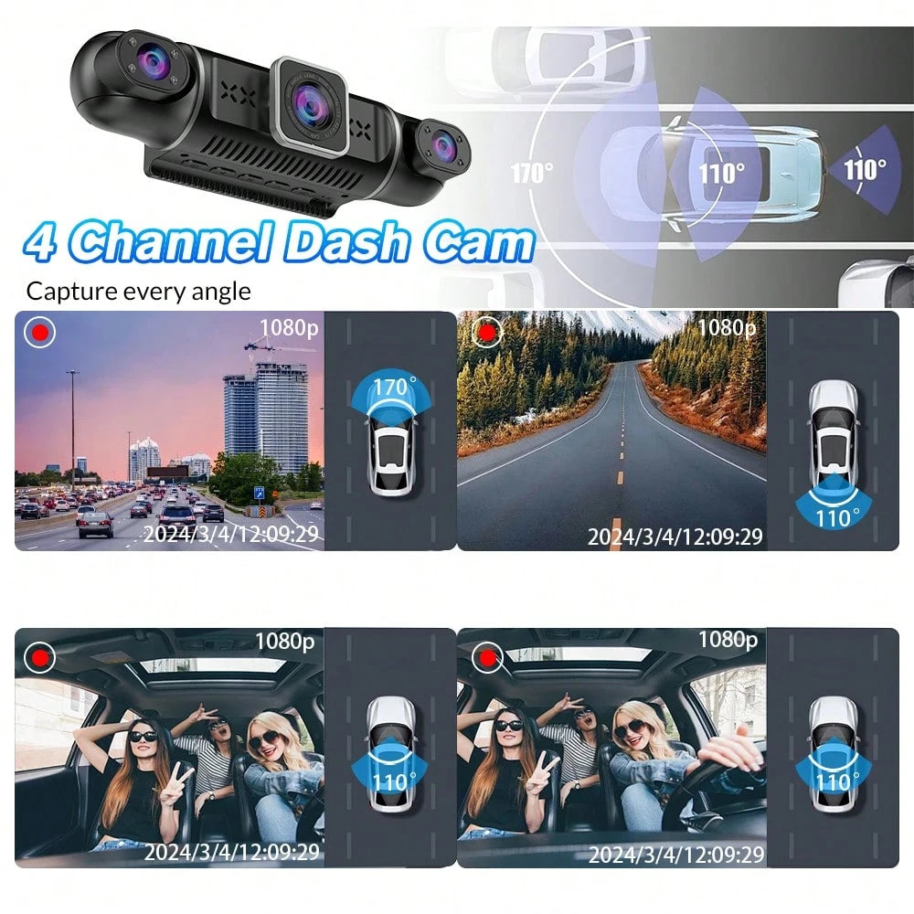 3 Inch 4 Channel Dash Cam 1080P WiFi Car DVR With Night Vision G-Sensor Loop Recording Parking Monitor For Front Rear Left Right Full Coverage Black