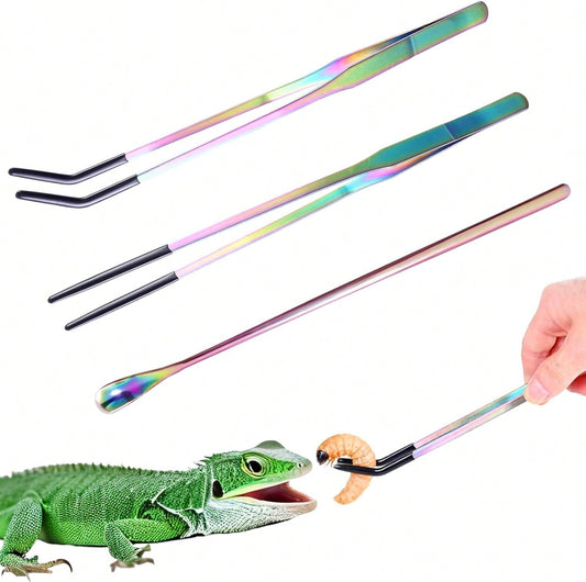 3 Pack Stainless Steel Reptile Feeding Tongs With Rubber Tip And Spoon, 106" Straight &Amp; Curved Tweezers For Aquariums &Amp; Crafts, Feeder Tools For Bearded Dragons &Amp; Lizards, Terrarium Ta