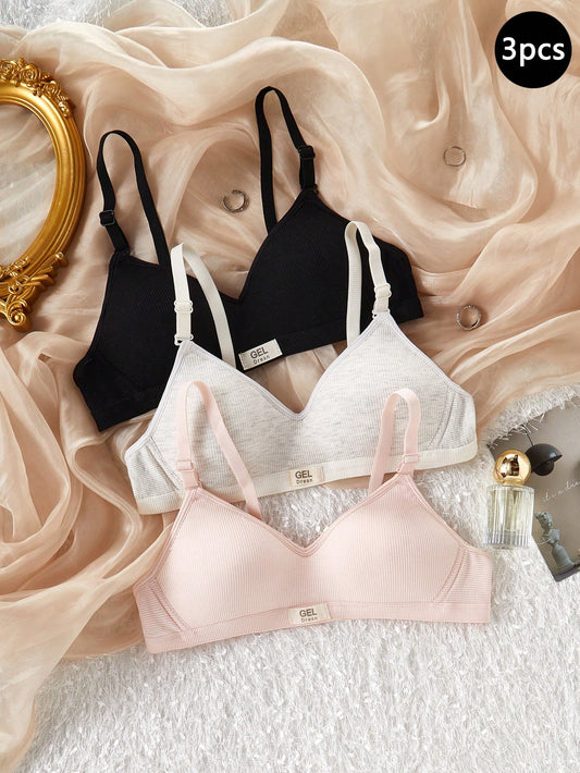 3 Pack Teen Girl Seamless Wireless Bras,Comfortable Bralette For Developing Teens,Adjustable Straps Ribbed Undershirt,Baby Pink,Winter,Work Essential