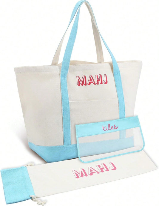 3 Pcs Empty Mahjong Canvas Bag Gift Embroidered American Mahjong Set Incl Tiles Bag AndRacks & Pushers Drawstring Bags