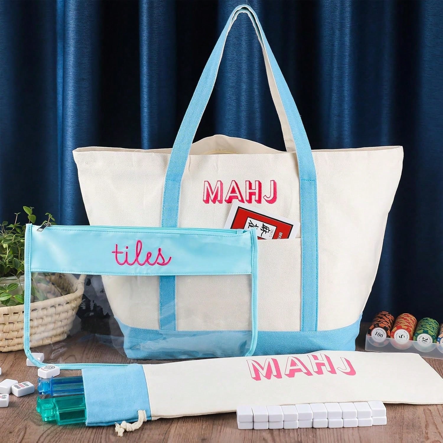 3 Pcs Empty Mahjong Canvas Bag Gift Embroidered American Mahjong Set Incl Tiles Bag AndRacks & Pushers Drawstring Bags