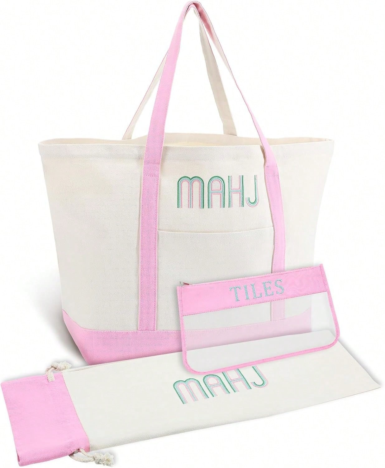 3 Pcs Empty Mahjong Canvas Bag Gift Embroidered American Mahjong Set Incl Tiles Bag AndRacks & Pushers Drawstring Bags