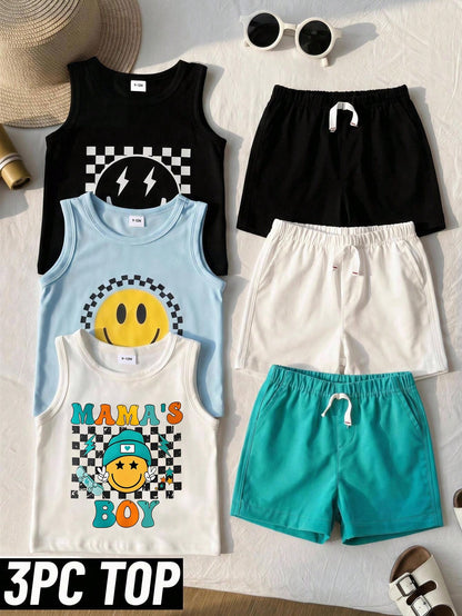 3-Piece Baby Boy Street Style Fun Classic Smiling Face Print Vest Top, Fashionable And Versatile, Suitable For Summer Outings And Vacations.