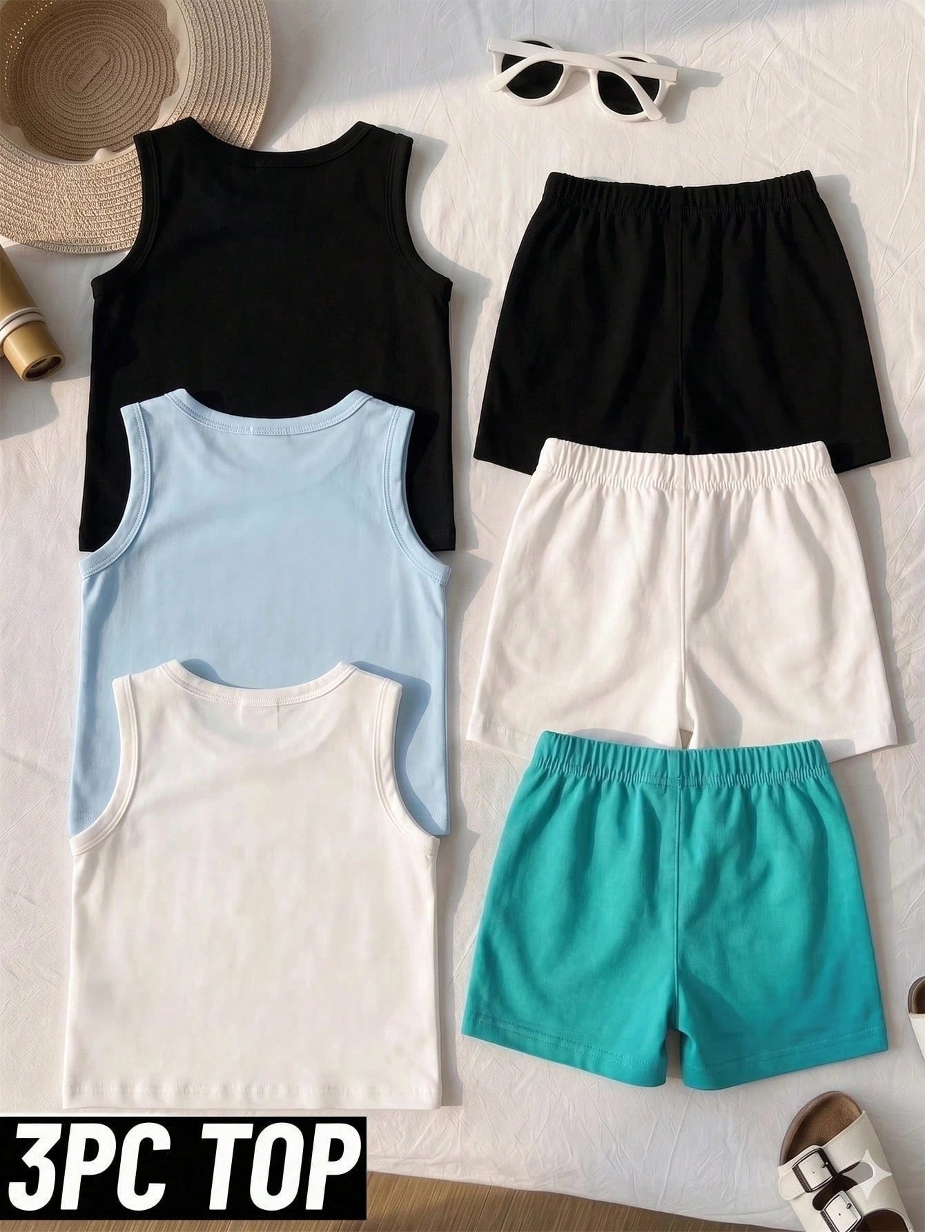 3-Piece Baby Boy Street Style Fun Classic Smiling Face Print Vest Top, Fashionable And Versatile, Suitable For Summer Outings And Vacations.