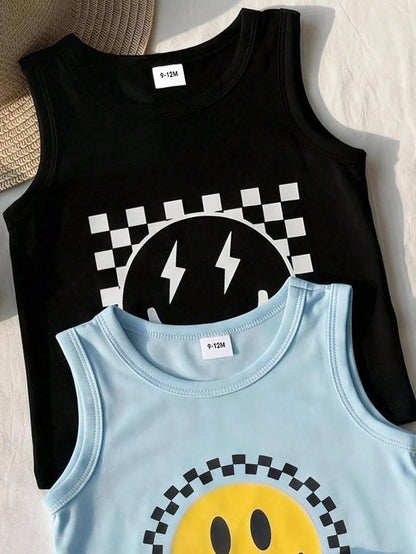 3-Piece Baby Boy Street Style Fun Classic Smiling Face Print Vest Top, Fashionable And Versatile, Suitable For Summer Outings And Vacations.