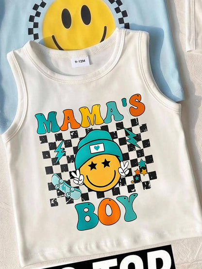 3-Piece Baby Boy Street Style Fun Classic Smiling Face Print Vest Top, Fashionable And Versatile, Suitable For Summer Outings And Vacations.
