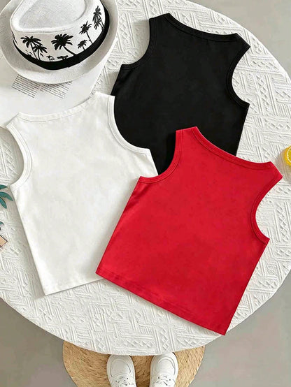 3-Piece Baby Boy Street Style Fun Classic Smiling Face Print Vest Top, Fashionable And Versatile, Suitable For Summer Outings And Vacations.