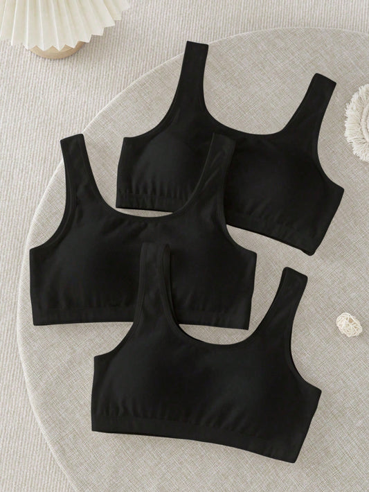 3-Piece Girls Big Kids Round Neck Sleeveless Loungewear Set,Solid Black Soft Cotton Padded Top Pajamas For Teen Girls,Winter,Work Casual Sleepwear