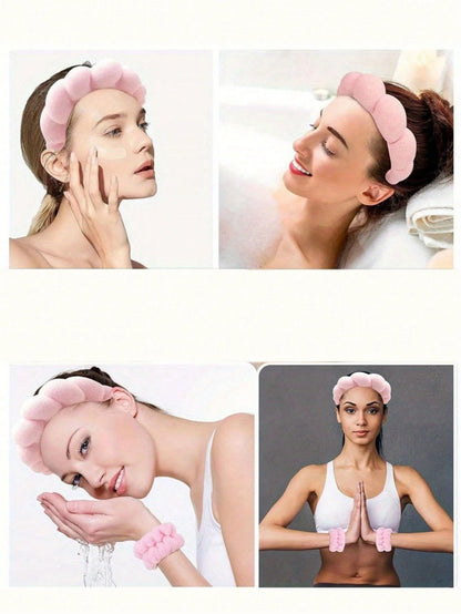 3 PiecesLuxury Microfiber Spa Headband & Wristbands Set- Soft, Comfortable For Face Washing, Makeup, Shower & Skincare Set Of Women's Hair Accessories