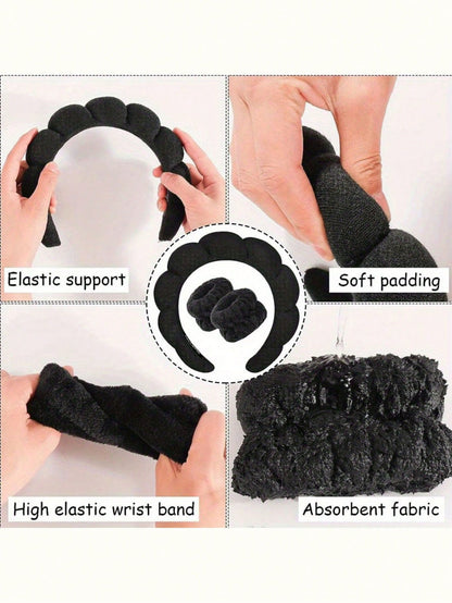 3 PiecesLuxury Microfiber Spa Headband & Wristbands Set- Soft, Comfortable For Face Washing, Makeup, Shower & Skincare Set Of Women's Hair Accessories
