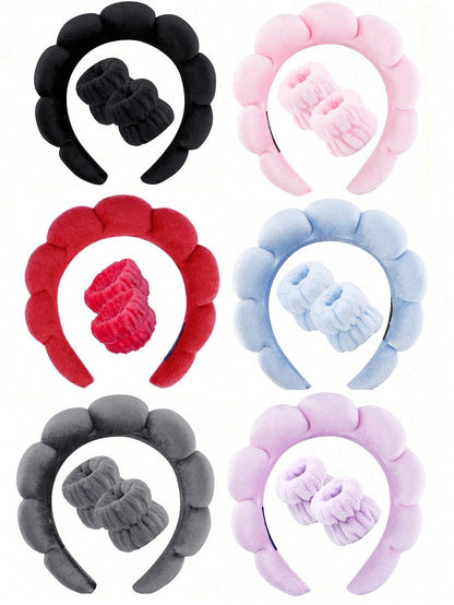 3 PiecesLuxury Microfiber Spa Headband & Wristbands Set- Soft, Comfortable For Face Washing, Makeup, Shower & Skincare Set Of Women's Hair Accessories