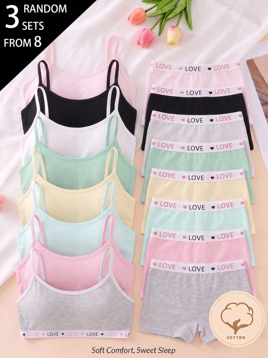 3 Sets Randomly Selected Women's Teenager Multicolor Heart Woven Tape Traceable Cotton Sweet Simple Basic Camisole Top And Boy Shorts Set