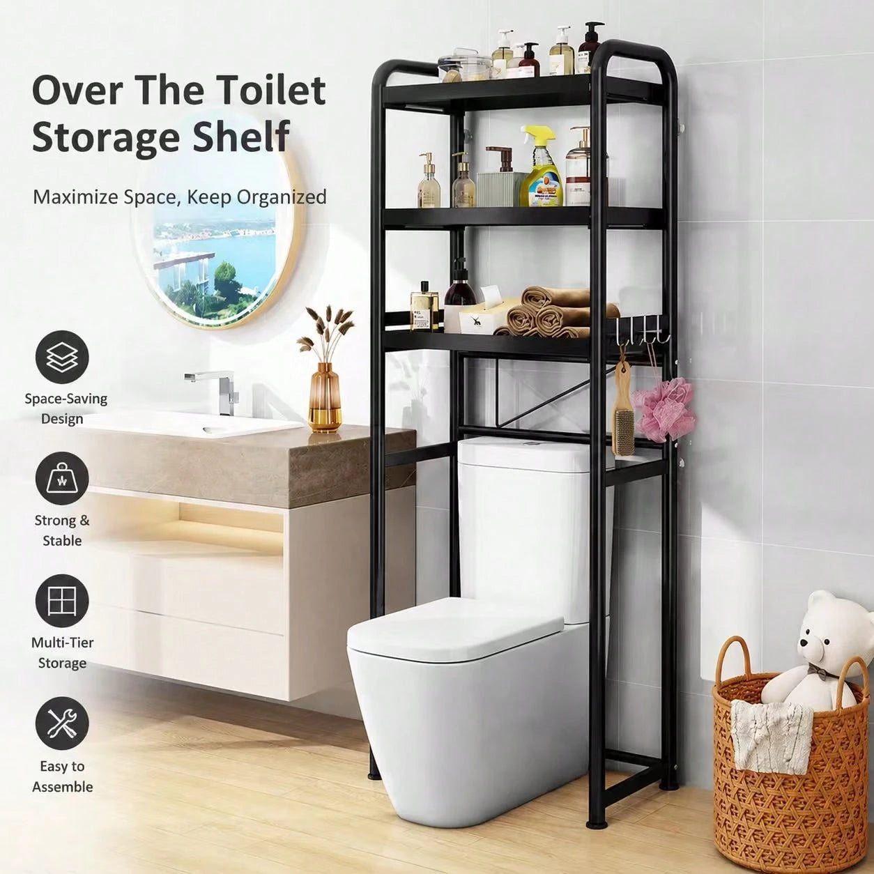 3-Tier Over The Toilet Storage Shelf, Black Freestanding Bathroom Organizer Rack, Space-Saving Toilet Caddy For Towels And Toiletries