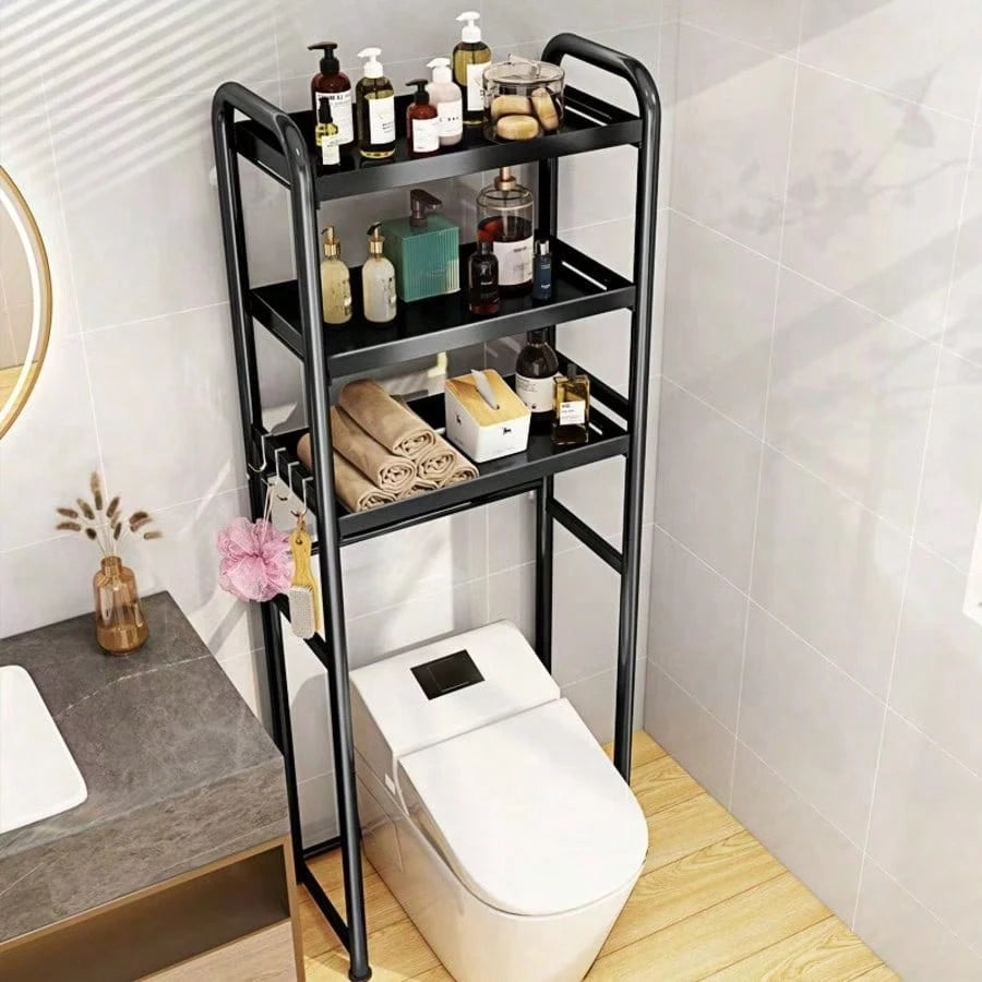 3-Tier Over The Toilet Storage Shelf, Black Freestanding Bathroom Organizer Rack, Space-Saving Toilet Caddy For Towels And Toiletries