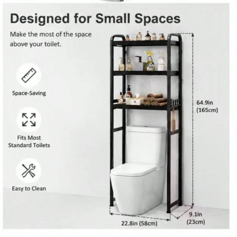 3-Tier Over The Toilet Storage Shelf, Black Freestanding Bathroom Organizer Rack, Space-Saving Toilet Caddy For Towels And Toiletries