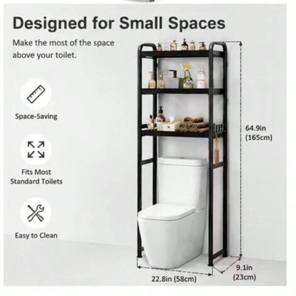 3-Tier Over The Toilet Storage Shelf, Black Freestanding Bathroom Organizer Rack, Space-Saving Toilet Caddy For Towels And Toiletries